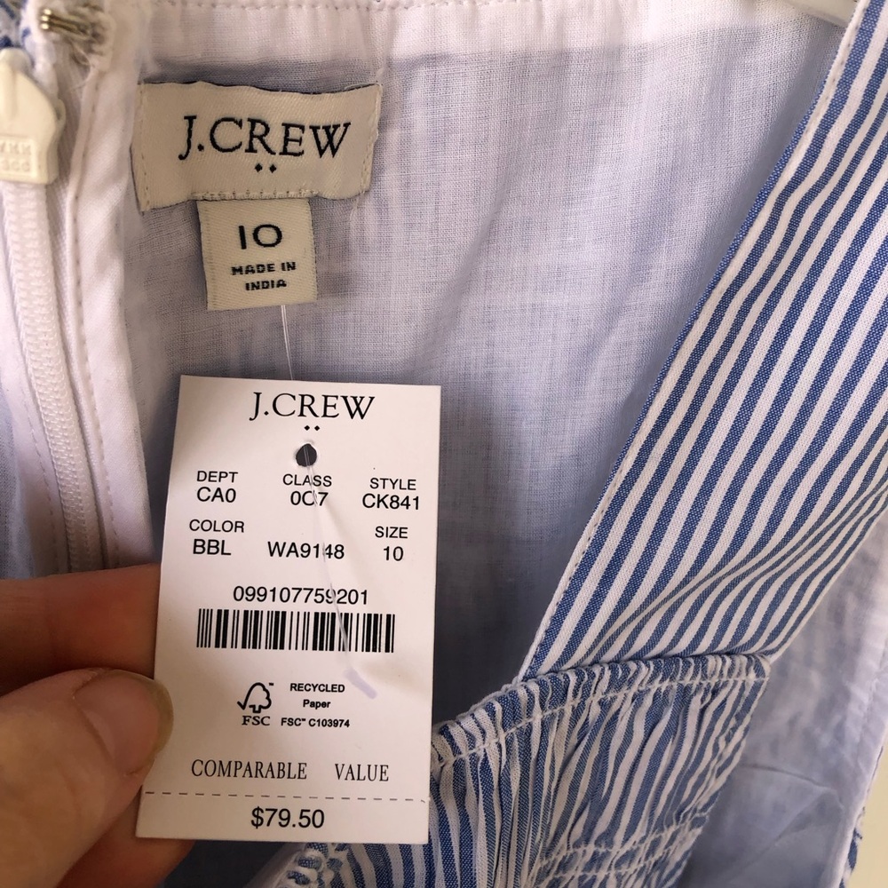 NWT J. Crew Top Womens 10 Striped Smocked Banker Blue Sleeveless 100% Cotton - Picture 6 of 11